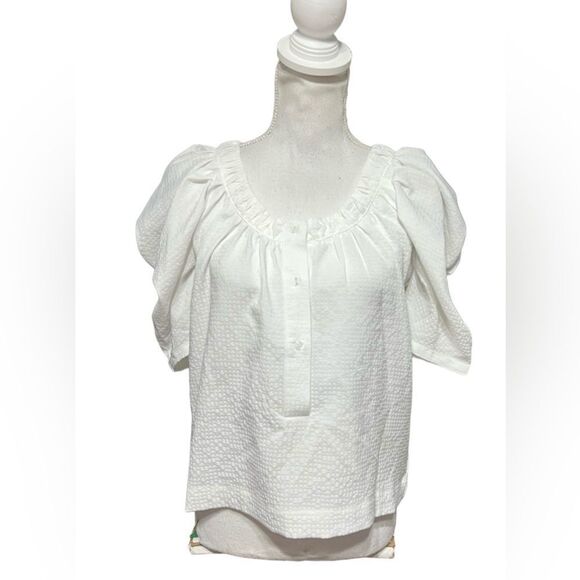 Rochelle Behrens The Shirt Puff Sleeve white textured Blouse - Picture 1 of 5
